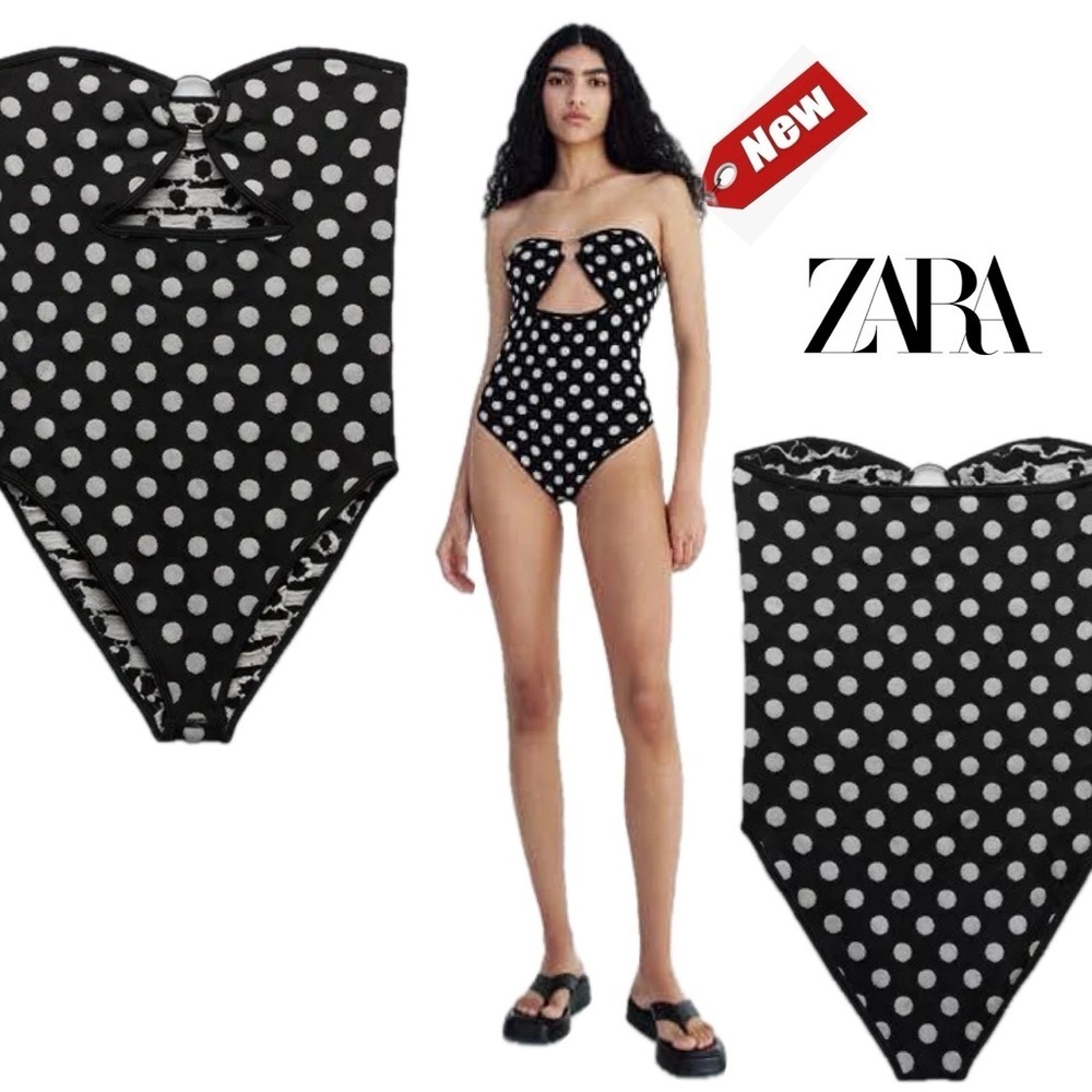 Zara black white polkadot knit strapless O-ring cut out swimsuit bodysuit XS/S🔥